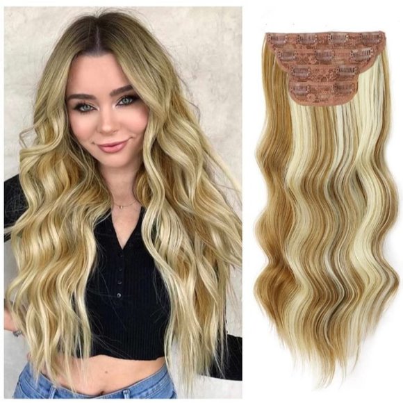 DeeThens 4 PCS Wavy Long Synthetic Hair Extensions Clip in Hairpieces Fiber Doub - Picture 1 of 6